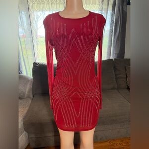Chic Red Long Sleeve Dress with Silver Accents